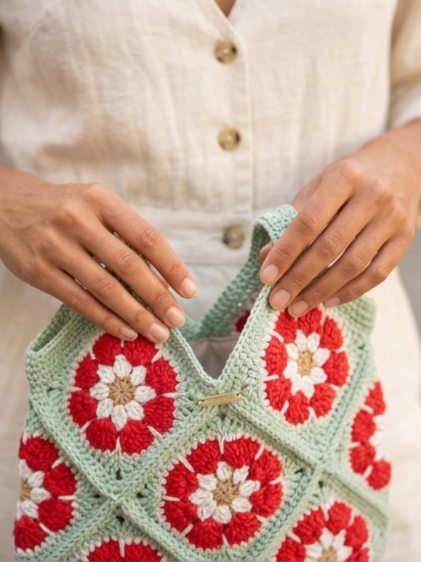 Bolsa Crochê Feminina 36cm Verde - Imagem 6