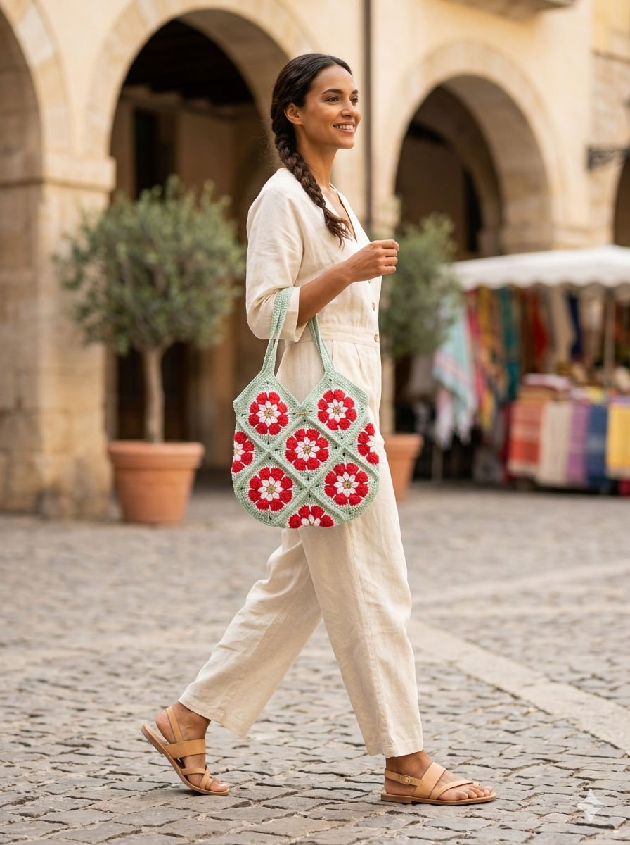 Bolsa Crochê Feminina 36cm Verde
